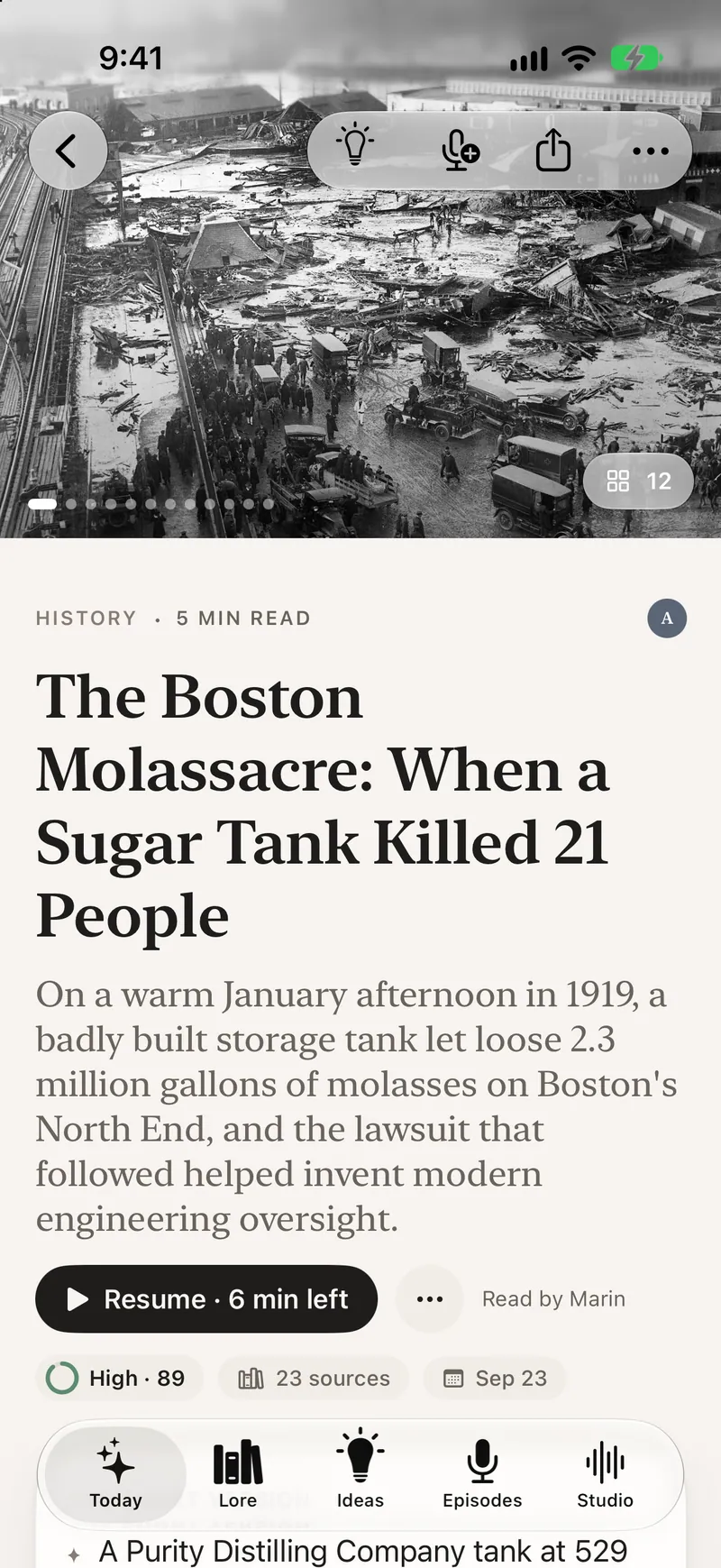 A lorelet about the 1919 Boston molasses flood, with its confidence score and sources
